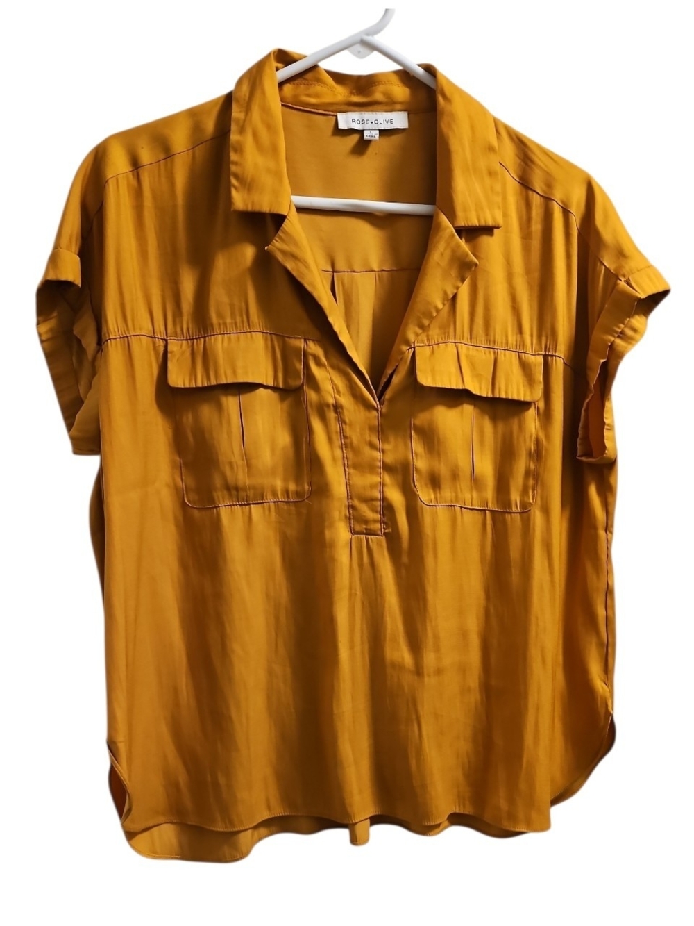 Rose + Olive Short Sleeve Mustard Yellow Blouse Size Medium